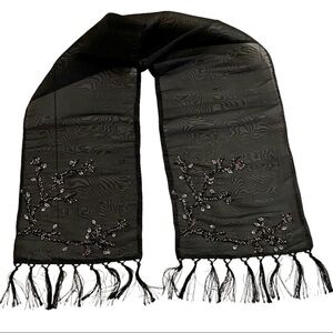 Black Embellished Table Runner OS Beaded Fringes Boho Goth Whimsy Sheer